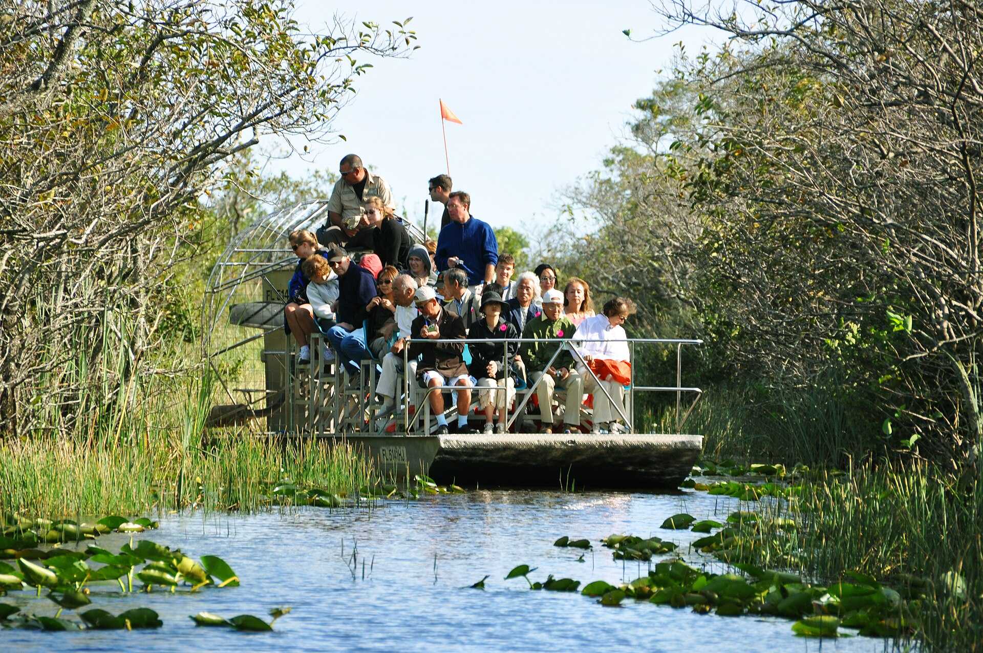 Airboat speeding across the Florida Everglades near Miami